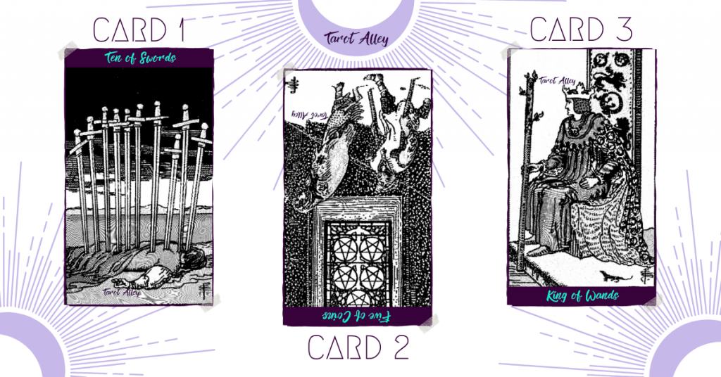3 Card Spread Example 2: 10 of Swords, 5 of Coins (Reversed), King of Wands