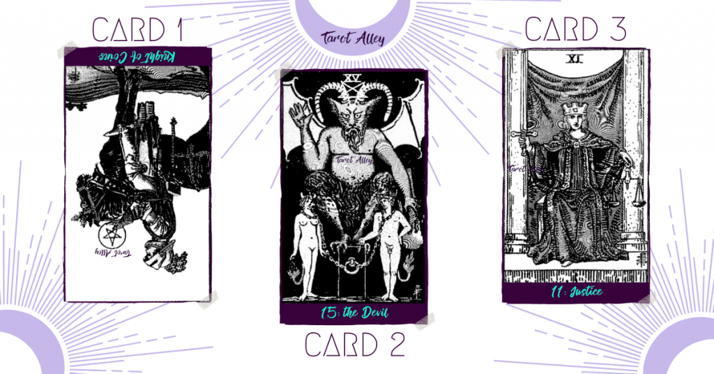 3 Card Spread Example 3: Knight of Coins reversed, the Devil, Justice